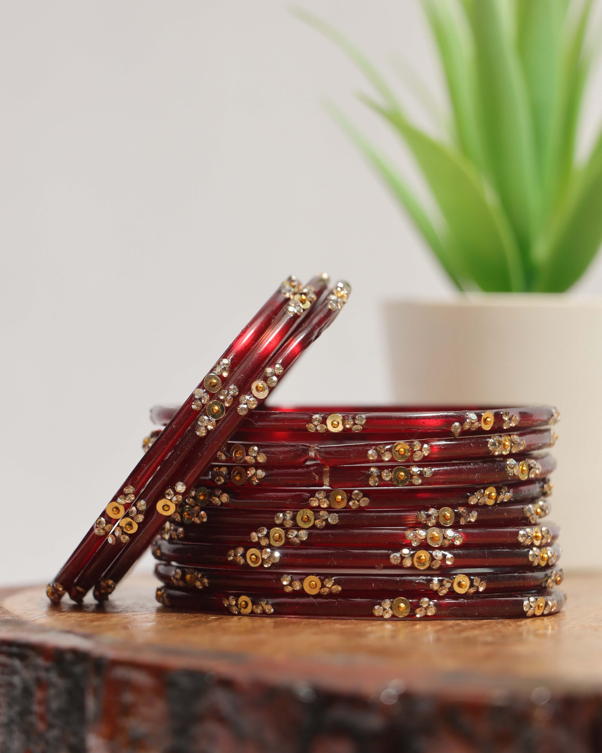 Elegant Printed Bangles Set - Wine Red